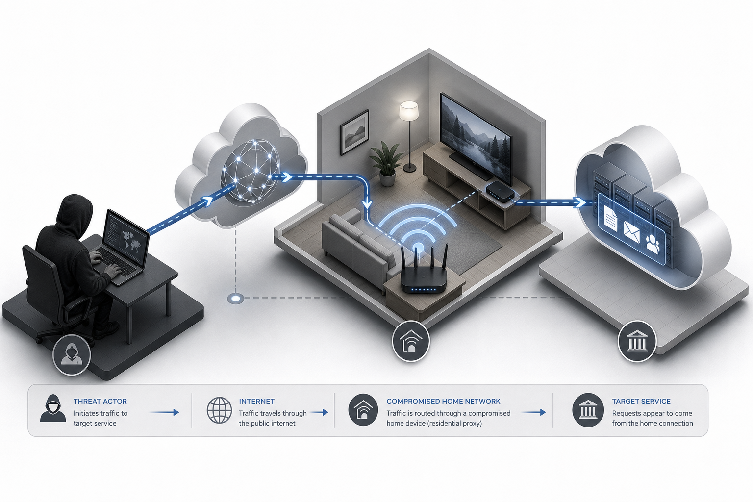 Isometric diagram showing how a residential proxy botnet routes a threat actor’s traffic through a compromised home device to a law firm’s cloud apps