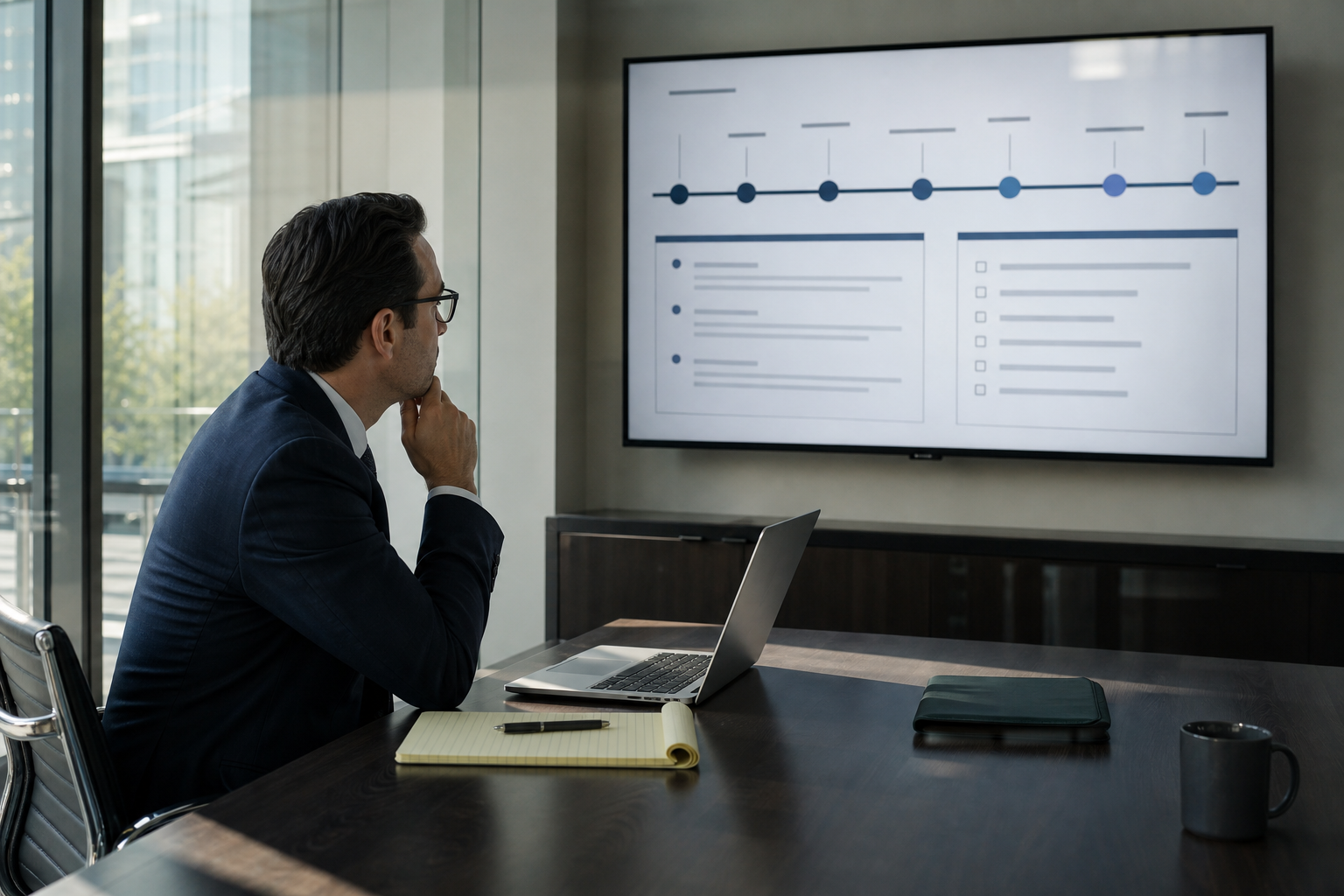 Attorney reviewing a cybersecurity incident response runbook and timeline on a monitor in a small conference room