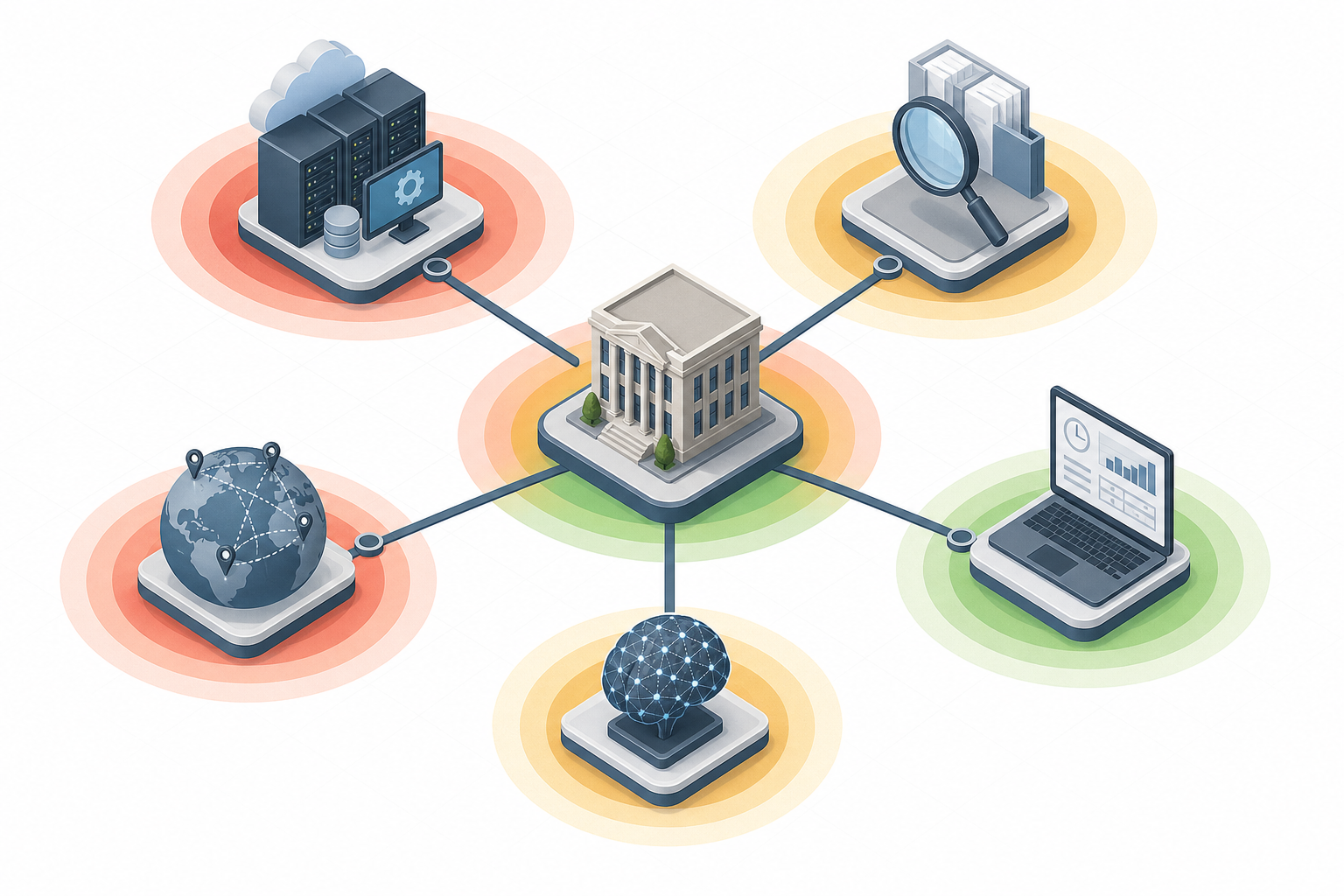 Isometric vendor risk map connecting a law firm to MSP, eDiscovery, time and billing SaaS, AI research tools, and proxy networks