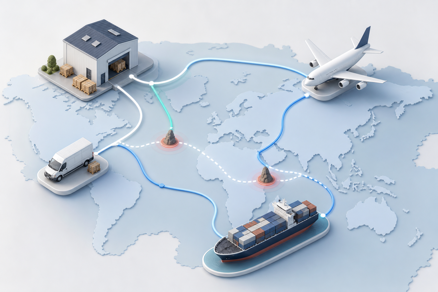 Isometric diagram of resilient logistics routing connecting warehouse, delivery van, container ship, and cargo jet around maritime chokepoints