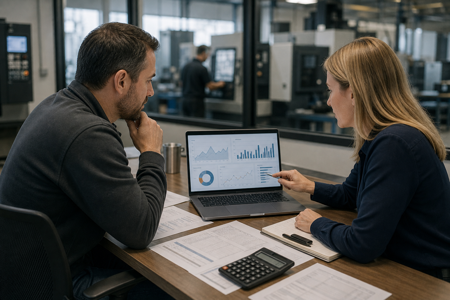 Operations manager and finance lead reviewing a laptop-based fuel risk dashboard in a small manufacturing office