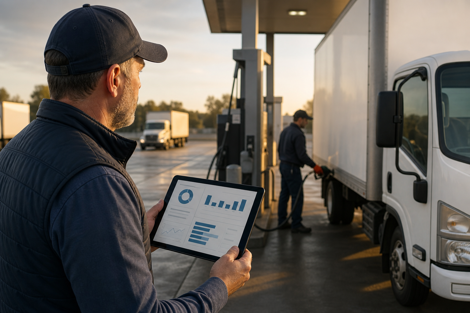 Small business owner managing fuel costs while a regional delivery truck refuels at a modern station