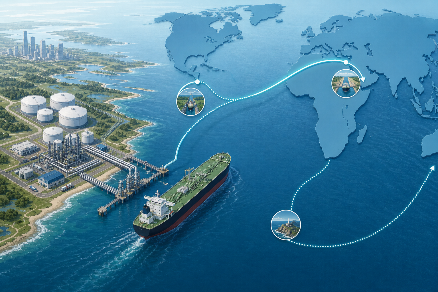 Isometric illustration of U.S. Gulf Coast petroleum export terminal and rerouted global shipping lanes around chokepoints