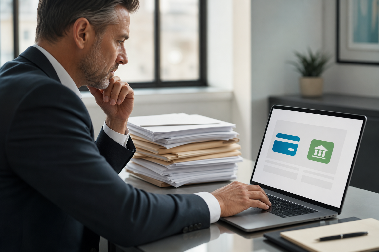 Boutique law firm partner reviewing a digital invoice with online payment options on a laptop