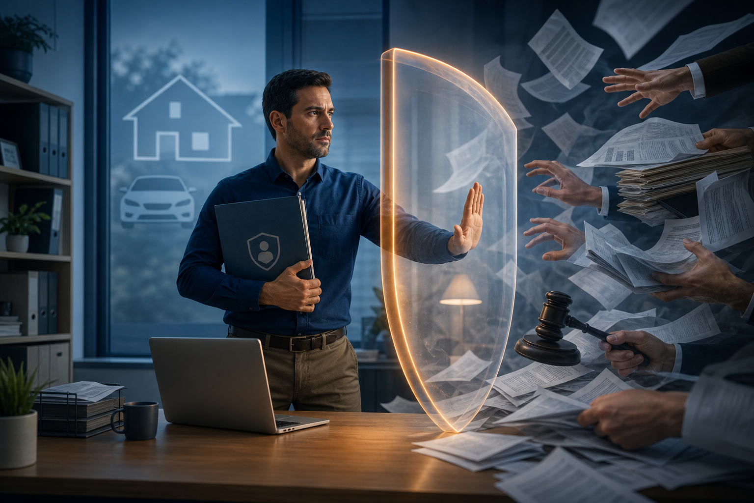 Editorial illustration of a business owner shielded from legal and creditor risks, emphasizing LLC liability protection