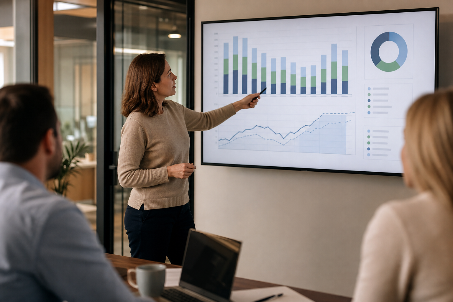Operations manager reviewing projected cash flow and tax scenarios on a screen to compare LLC, sole proprietorship, and partnership