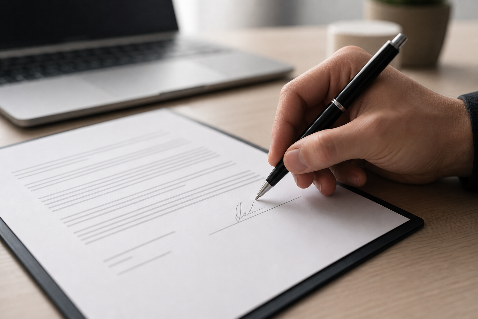 Close-up editorial photo of signing a business operating agreement to define governance and dispute procedures
