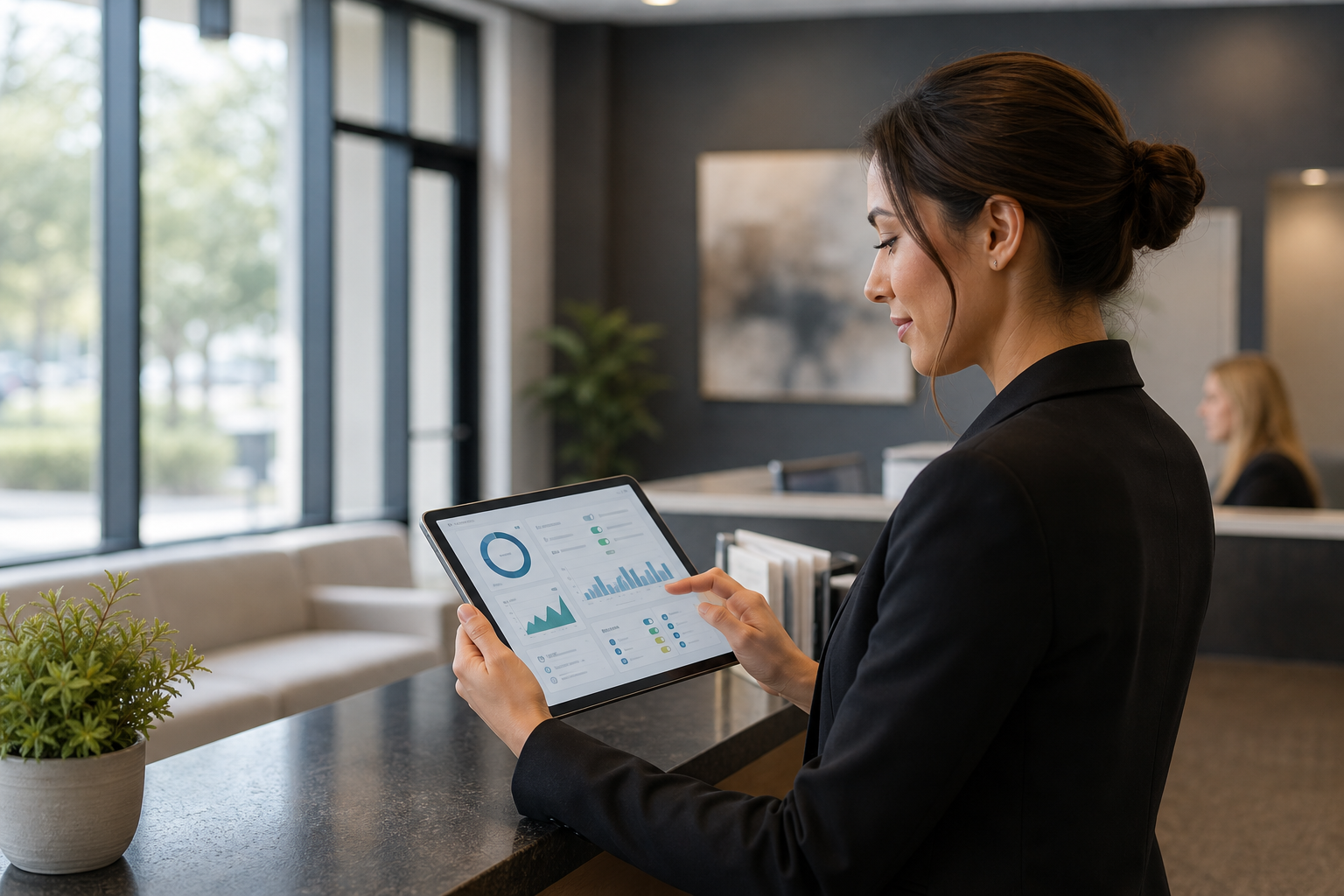 Front-desk coordinator at a small law firm reviewing an automated client intake and payment dashboard on a tablet