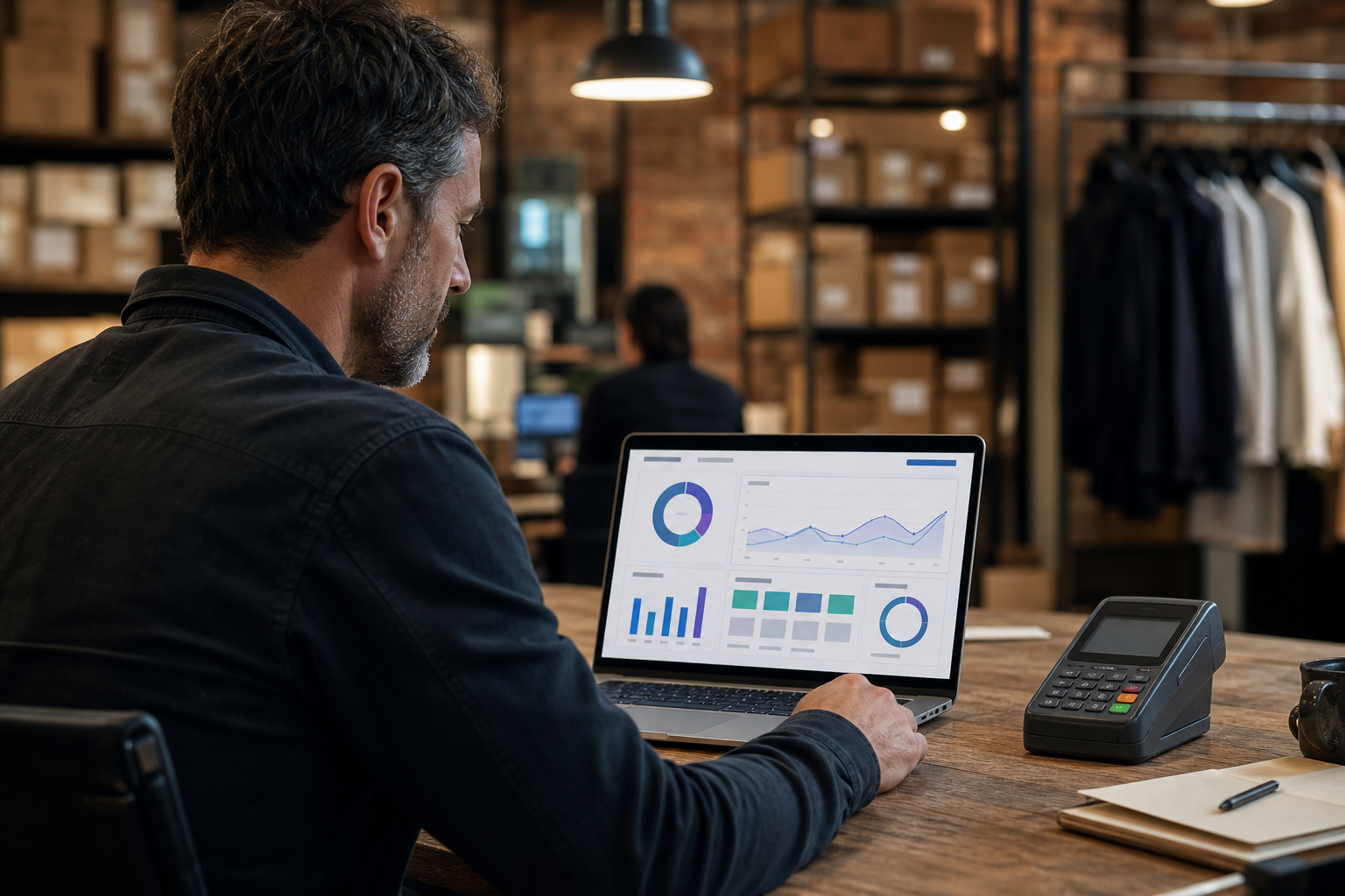 Operations manager reviewing a chargeback mitigation report in a retail back office environment