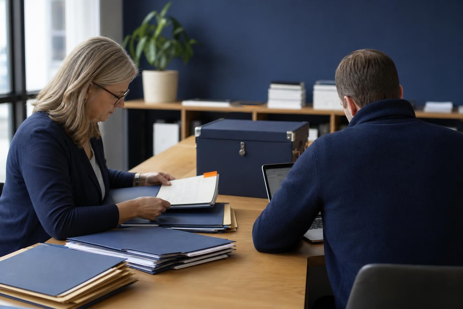 Accounting firm staff reviewing client workpaper folders for data migration inventory