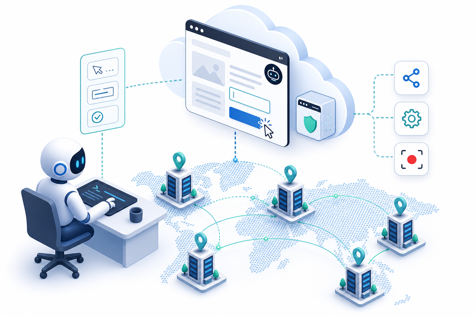 Isometric illustration of an AI agent controlling a secure, sandboxed Cloudflare Kitesurf browser at the edge
