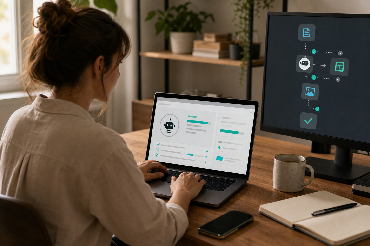 Small e‑commerce founder reviewing an automation dashboard while an AI agent runs a cloud browser session