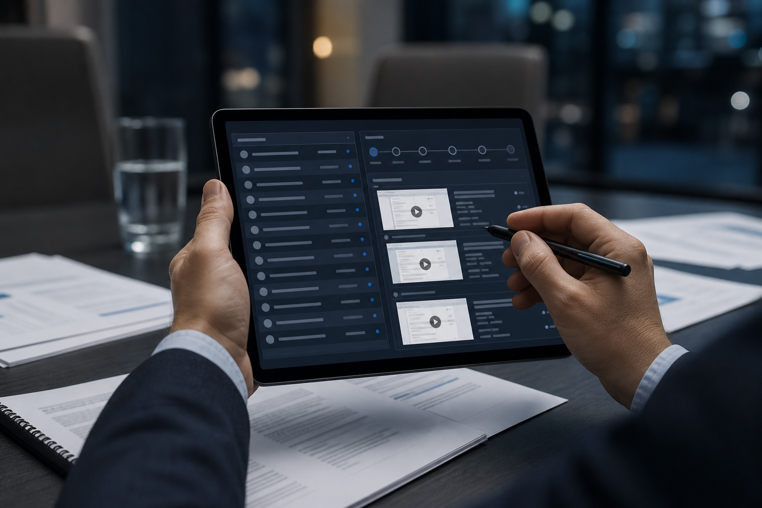 Compliance officer reviewing anonymized access logs and session replays for automated browser tasks on a tablet