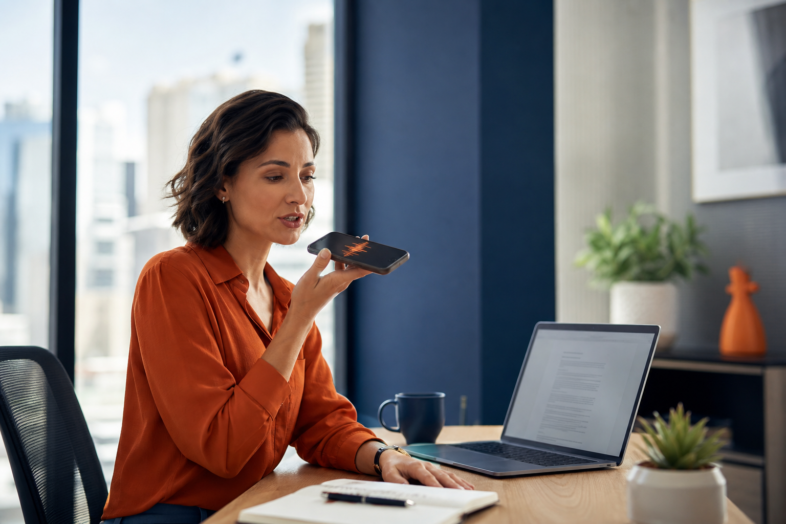 Small business owner dictating revisions into a smartphone beside a laptop with a document open
