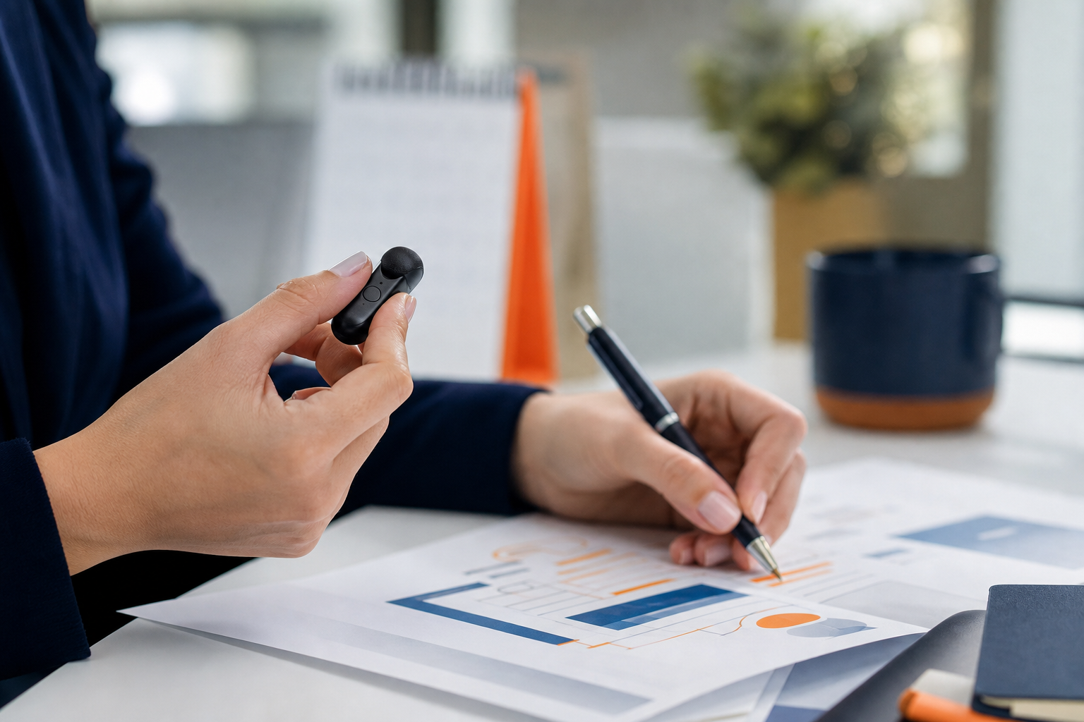 Consultant using earbuds and pen to review a printed proposal while initiating a voice-powered edit