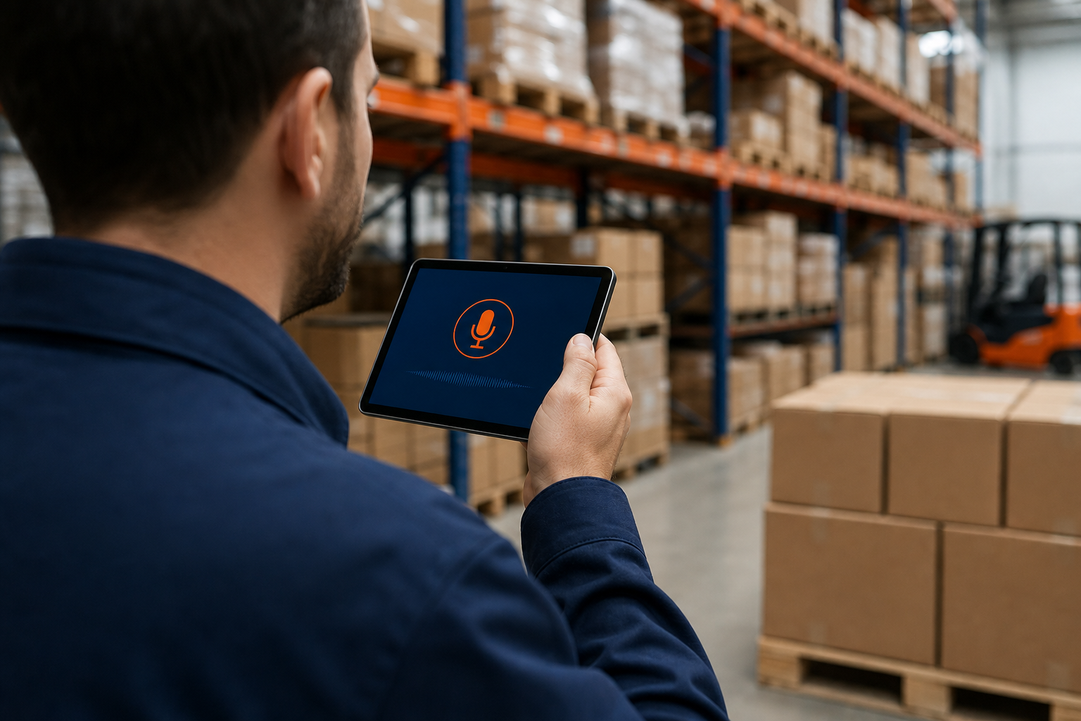 Warehouse manager speaking into a tablet to update product notes while working near pallet racks