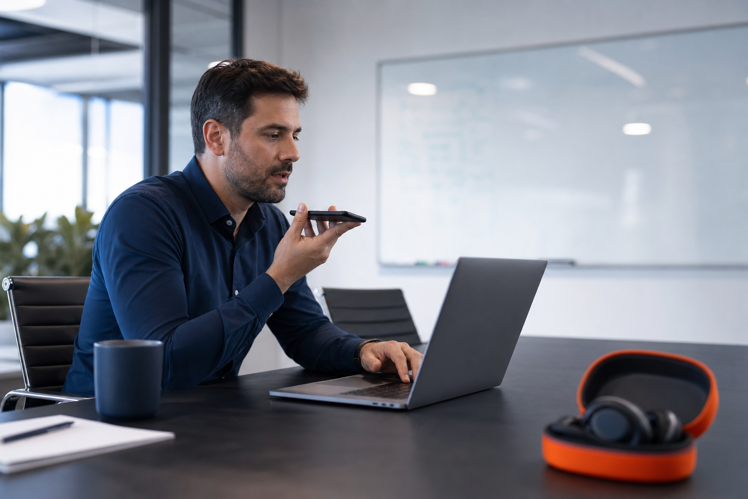 Operations manager recording voice notes that become bullet-point edits on a laptop in a conference room