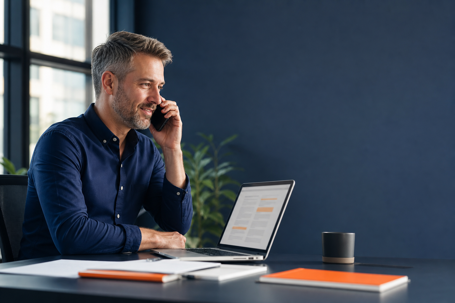 Small business owner dictating edits by phone beside a laptop with suggested changes