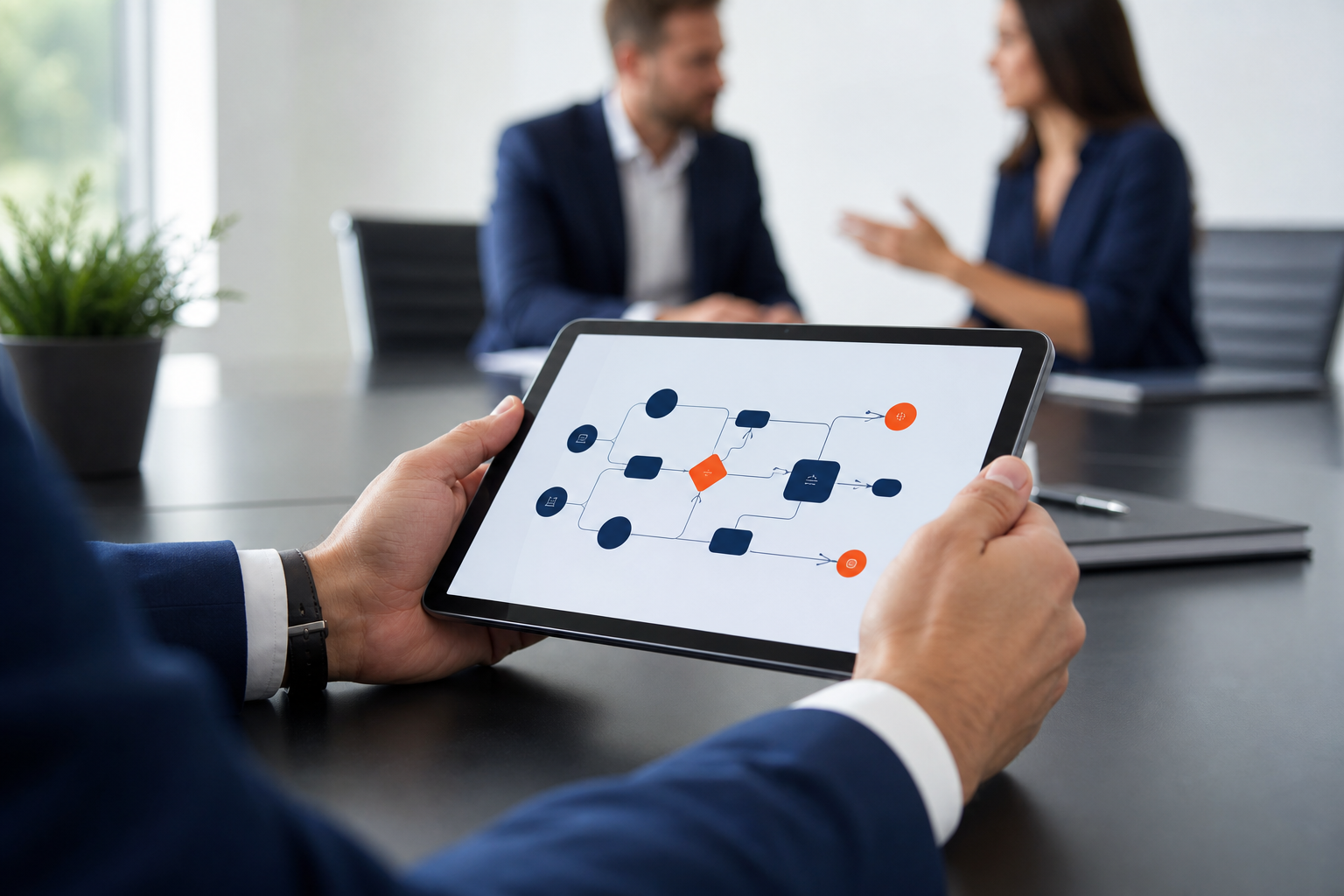 Service firm manager reviewing an automated client onboarding workflow on a tablet in a conference room