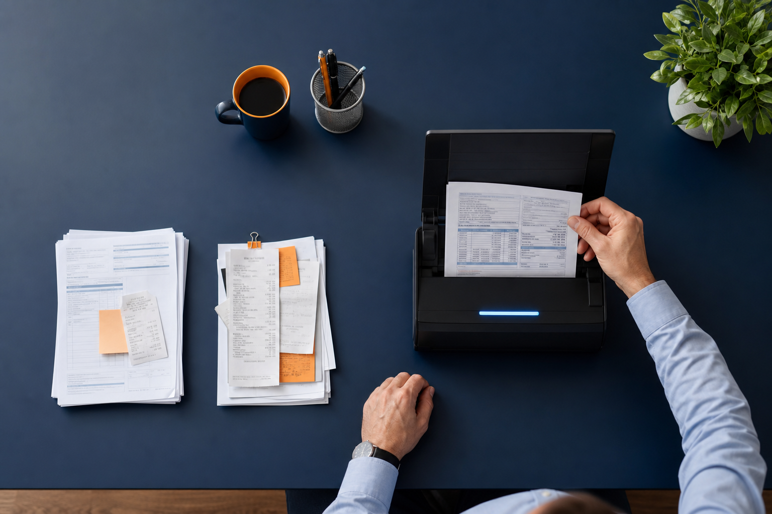 Overhead view of accountant’s desk with organized receipts and a compact scanner processing documents