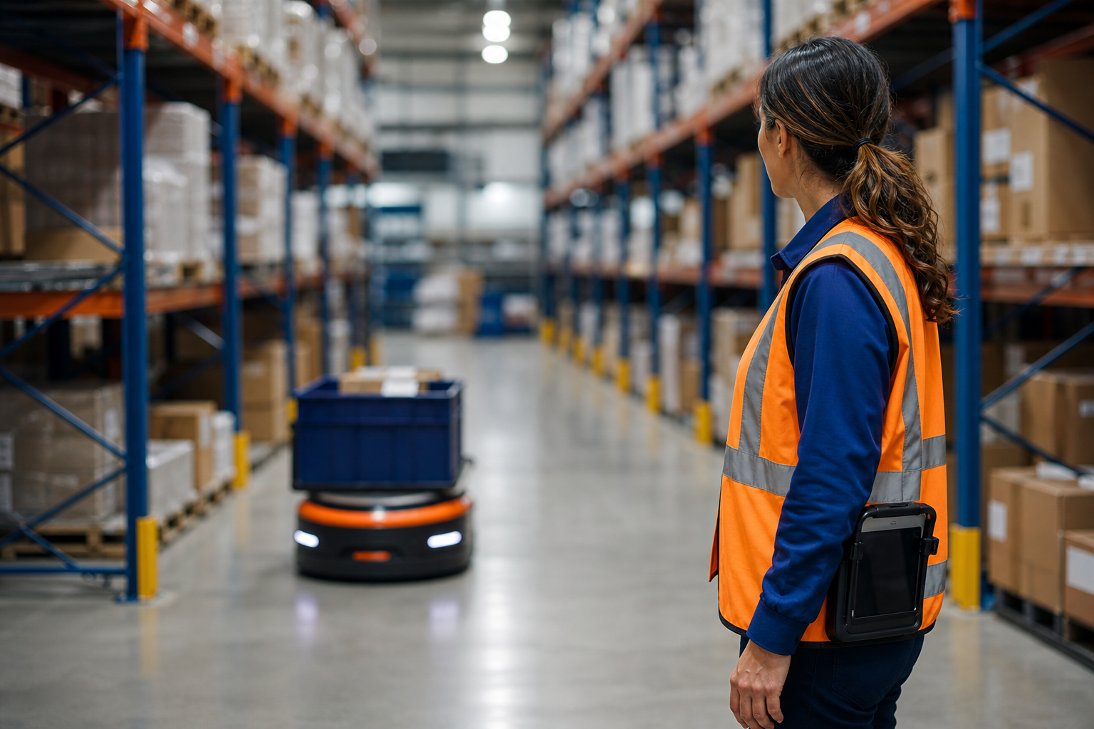 Small warehouse aisle with a compact autonomous mobile robot moving a tote while the owner monitors