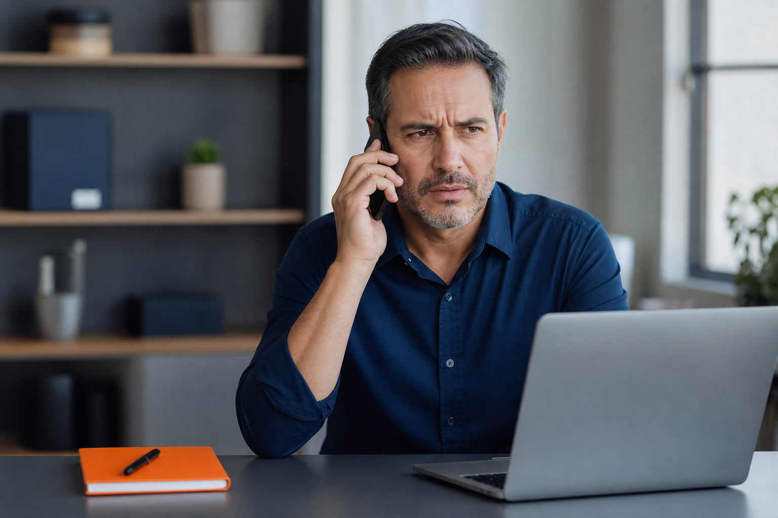 Small business owner fielding a suspicious call amid AI-powered vishing threats