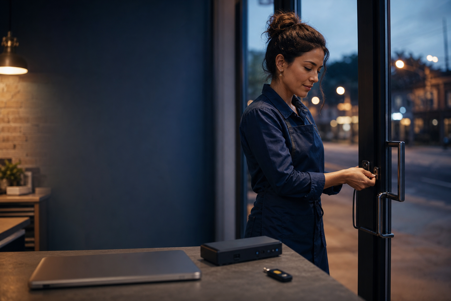 Owner locking a storefront with a security key and network device visible as part of a closing security routine