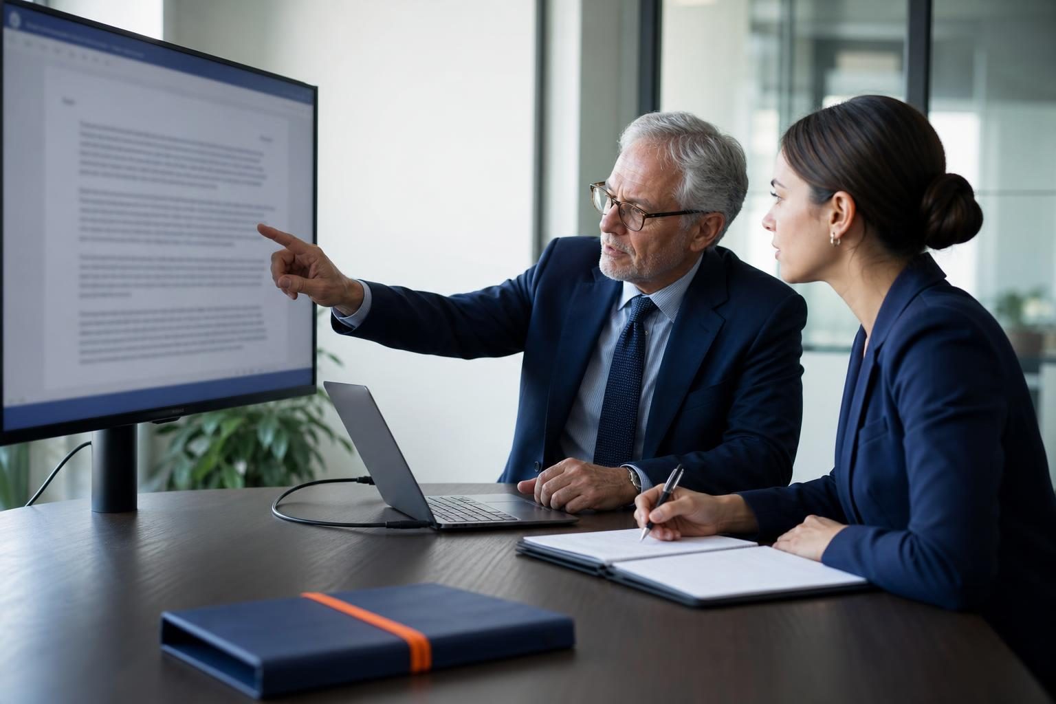 Attorney and paralegal reviewing a Claude-assisted draft in Microsoft Word via Copilot