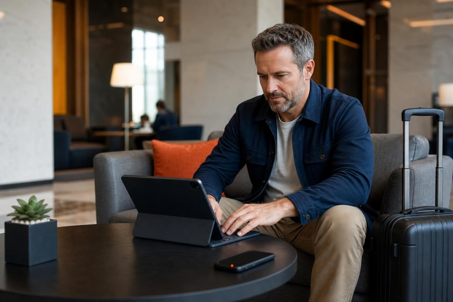 Traveling contractor in hotel lobby receiving automated time-bound Slack guest access for a client handoff