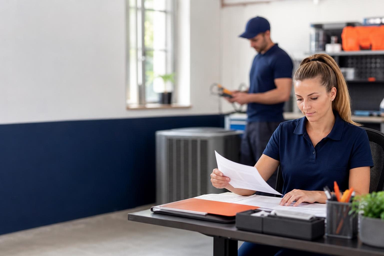 HVAC dispatcher organizing service requests and work orders at a small business