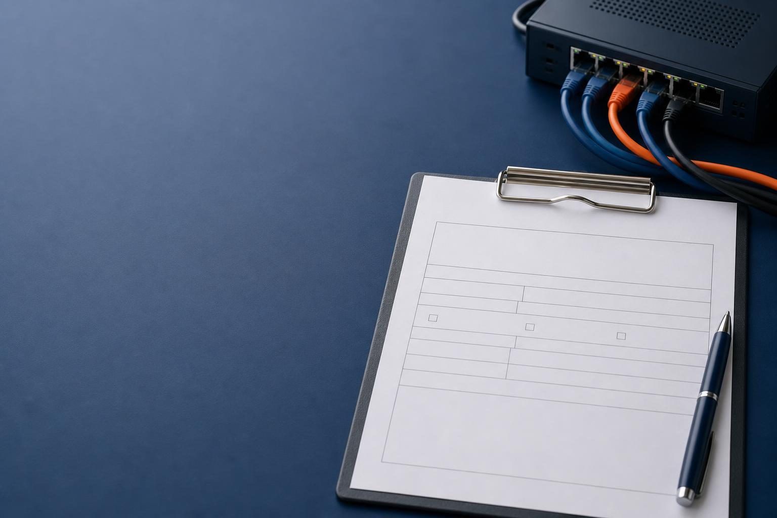 Blank client intake form beside a network router and branching cables