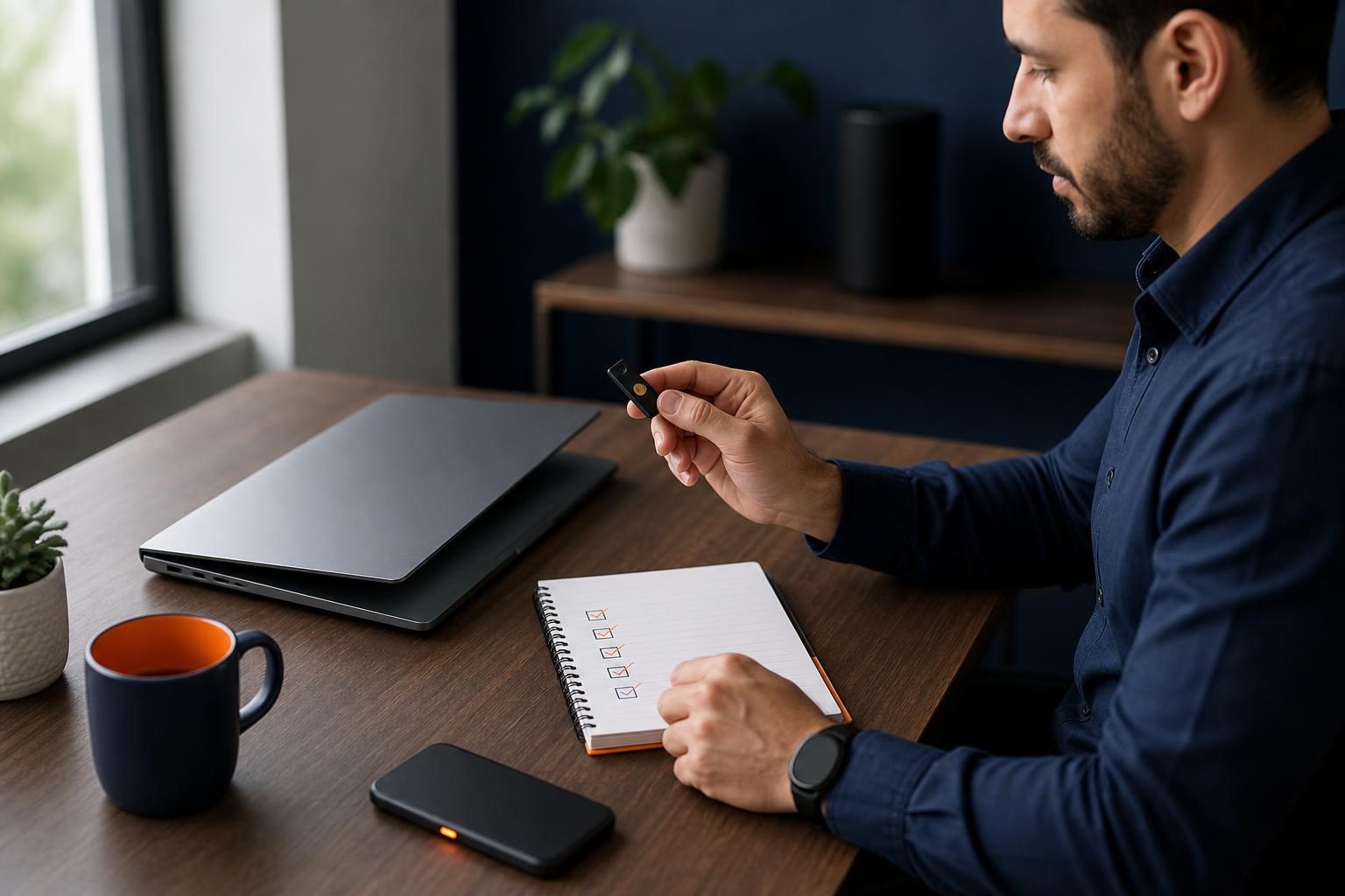 Small business IT admin reviewing Slack audit and app permissions with security key on desk