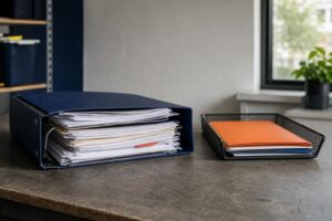 An overflowing maintenance binder beside a small task tray on a worktable