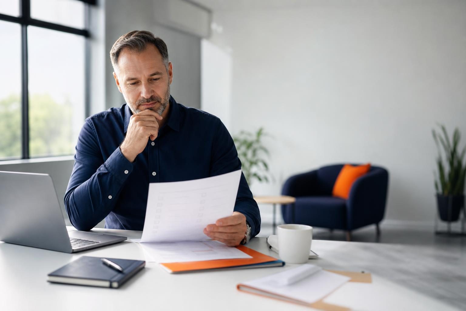 Operations manager reviewing an AI glossary checklist beside a vendor proposal on a desk