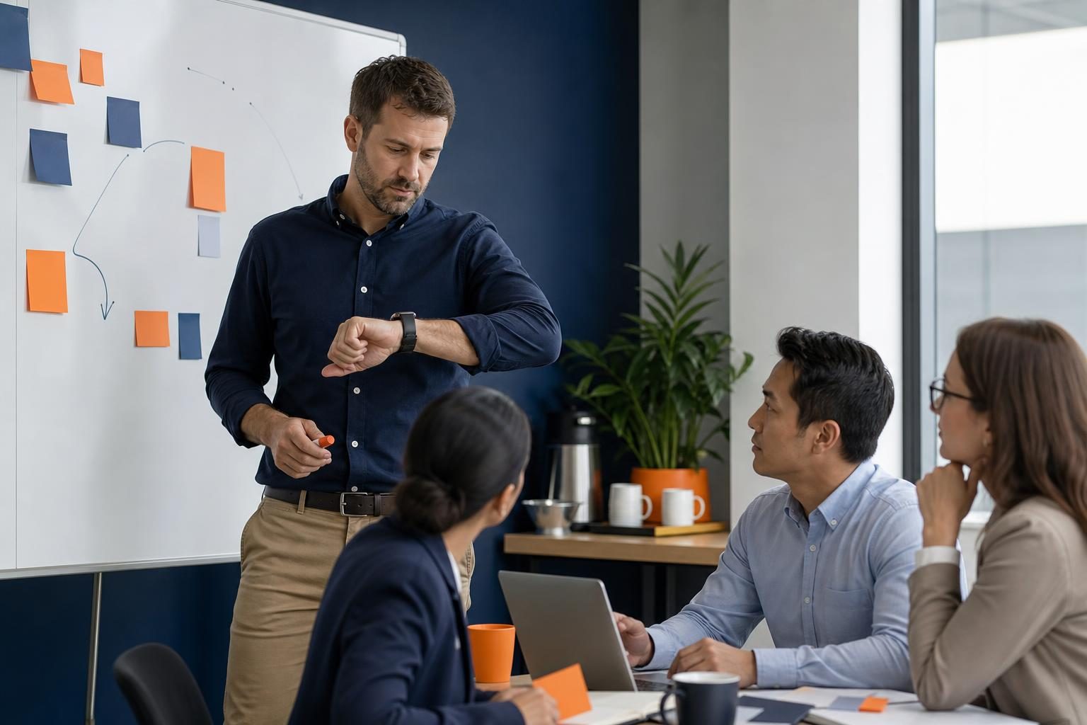 Operations manager receives a silent priority alert during a standup, indicating Slack off-screen notification discipline