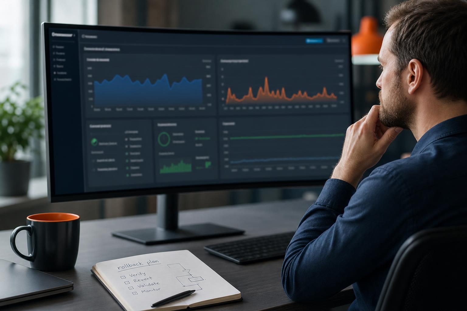 Operations manager monitoring observability while an automated deployment runs with AI assistance