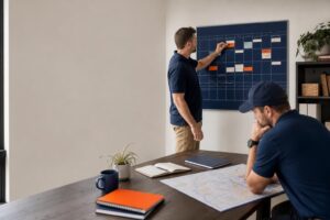 Home-services owner marks a personal block while a technician reviews dispatch coverage