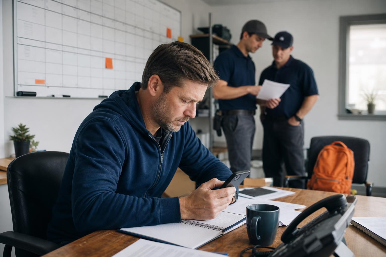 Home-services owner reviewing calendar while technicians plan dispatch work