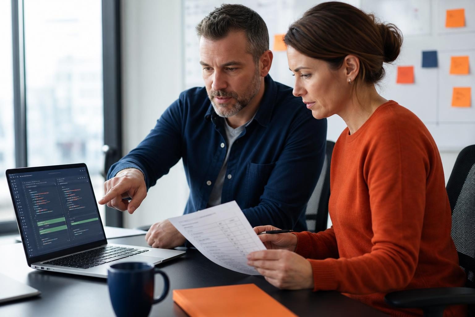 CTO and operations manager reviewing an AI-generated code diff before merge