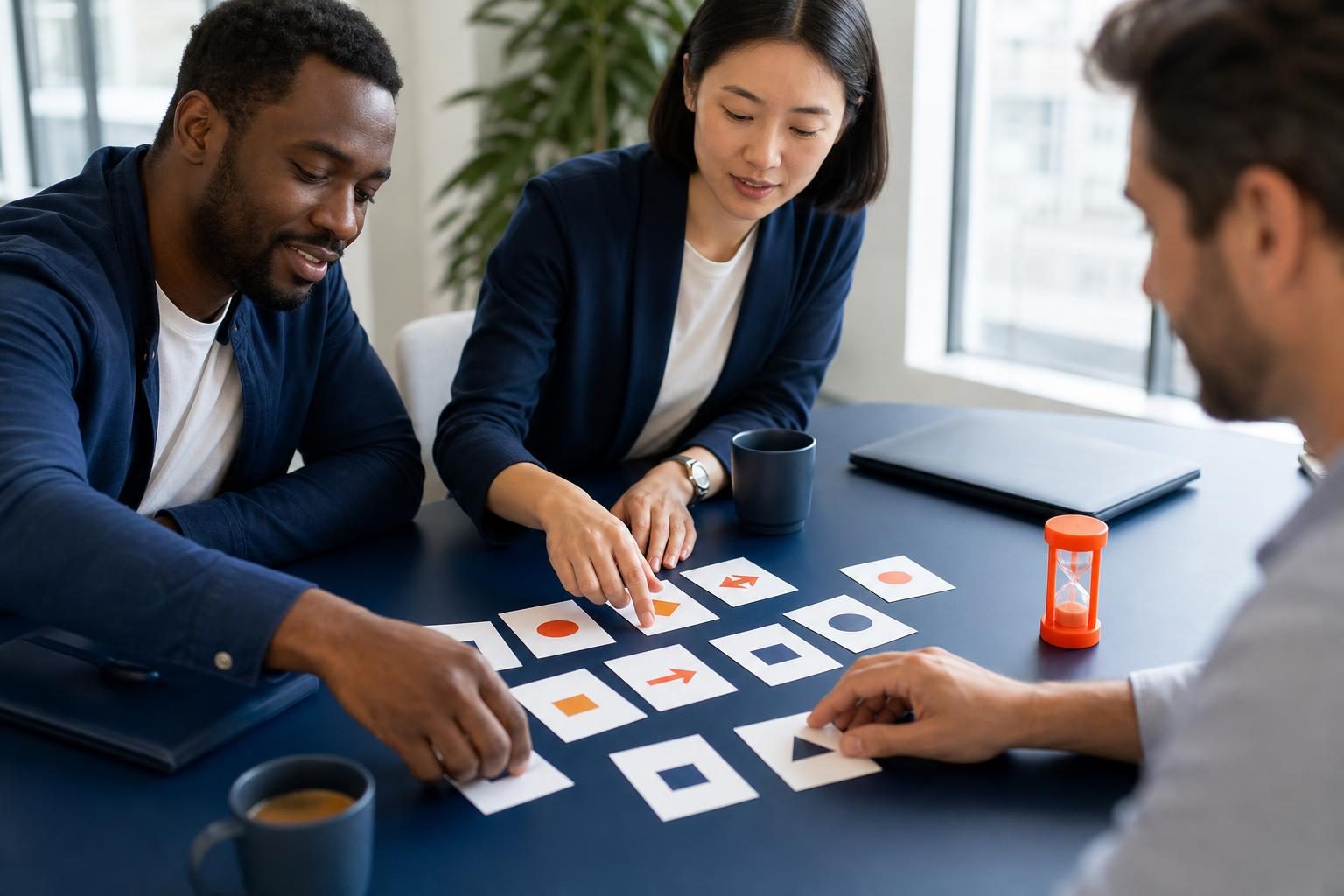 Small team refines prompt templates using paper cards in a workshop