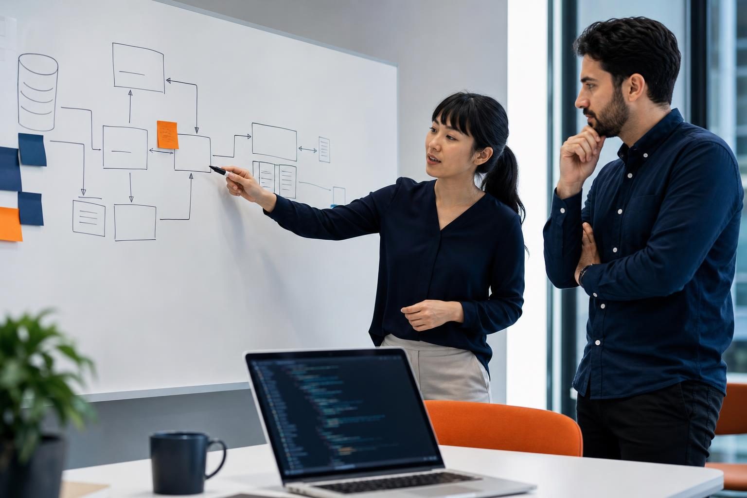 Entrepreneurs diagram a retrieval-augmented generation workflow on a whiteboard