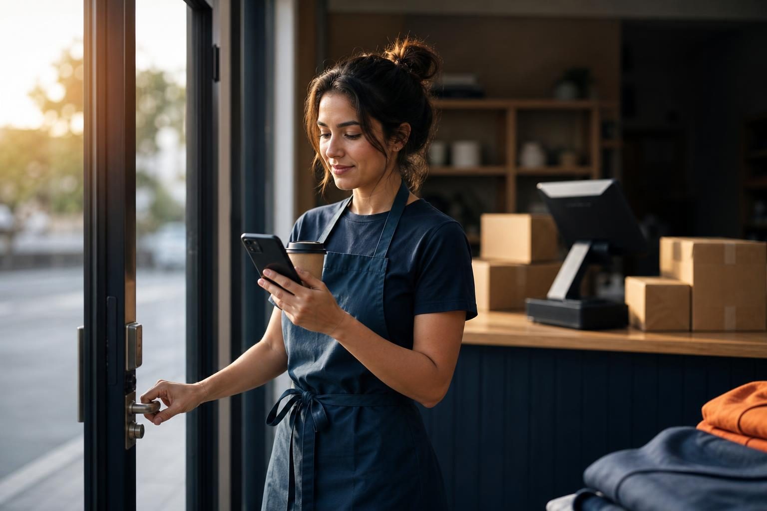 Small retail owner reviewing Slack AI morning recap before opening the shop