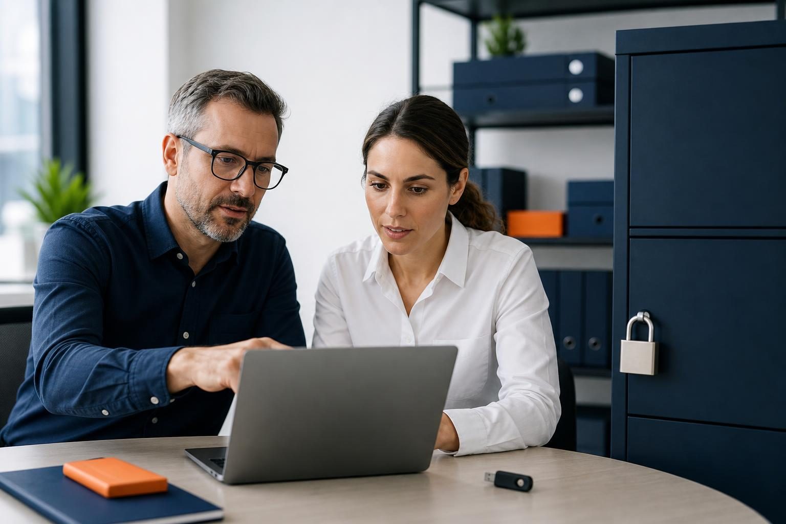 Small business owner and IT administrator reviewing secure access for an AI automation agent