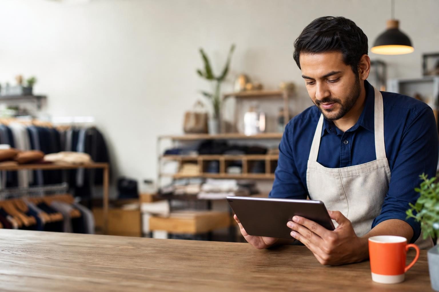 Small retail owner reviewing Slack AI morning recap before opening the shop