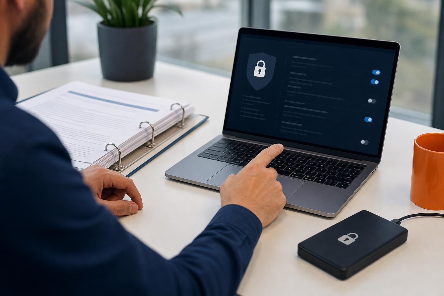 IT manager configures privacy and zero trust settings while referencing compliance documents