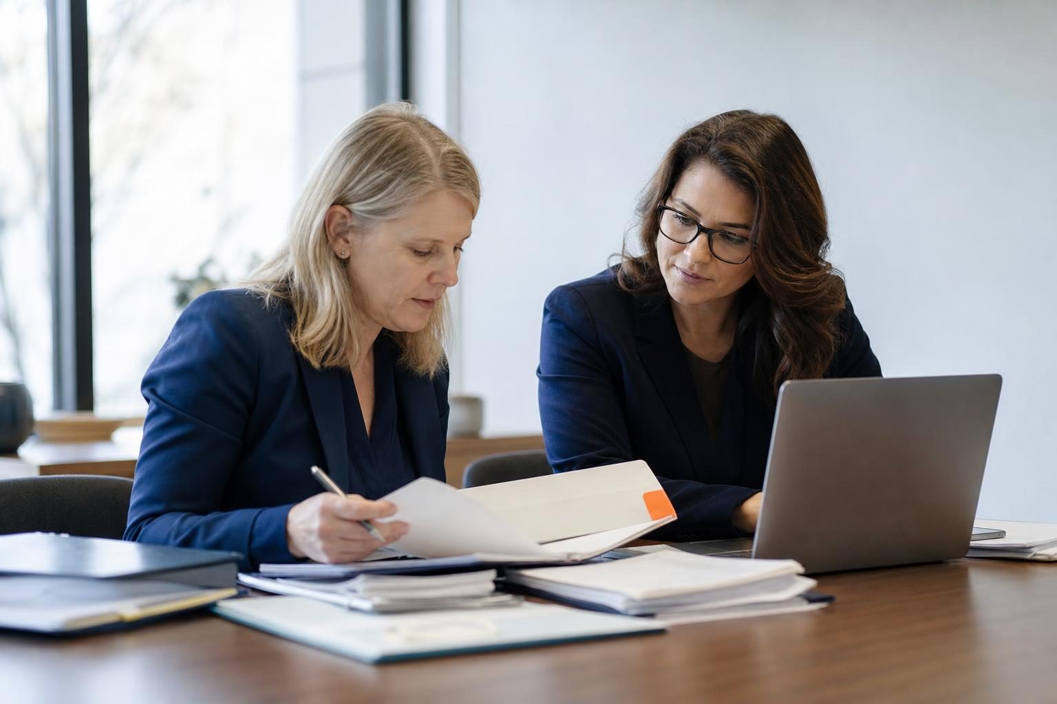 Accounting firm managers reviewing performance evidence for an annual employee review