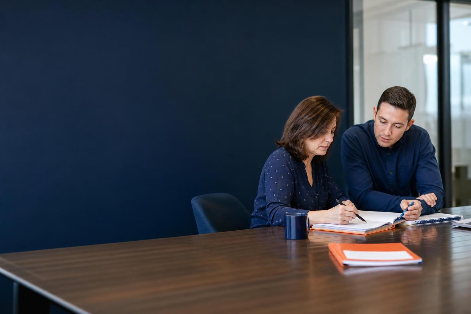 Accounting manager and employee review folders, feedback notes, and utilization reports at a conference table