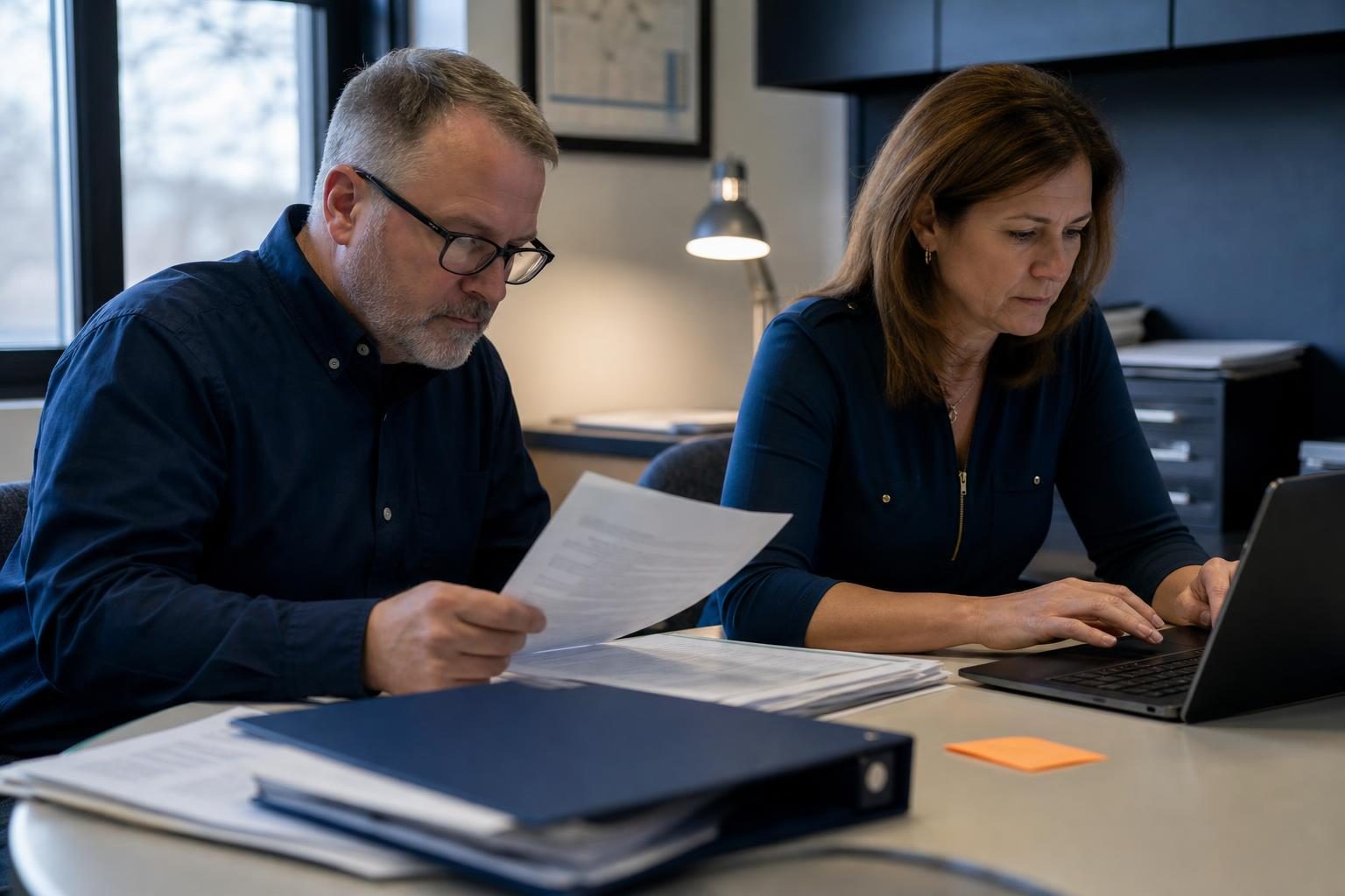 Small government contractor team reviewing a bid eligibility register