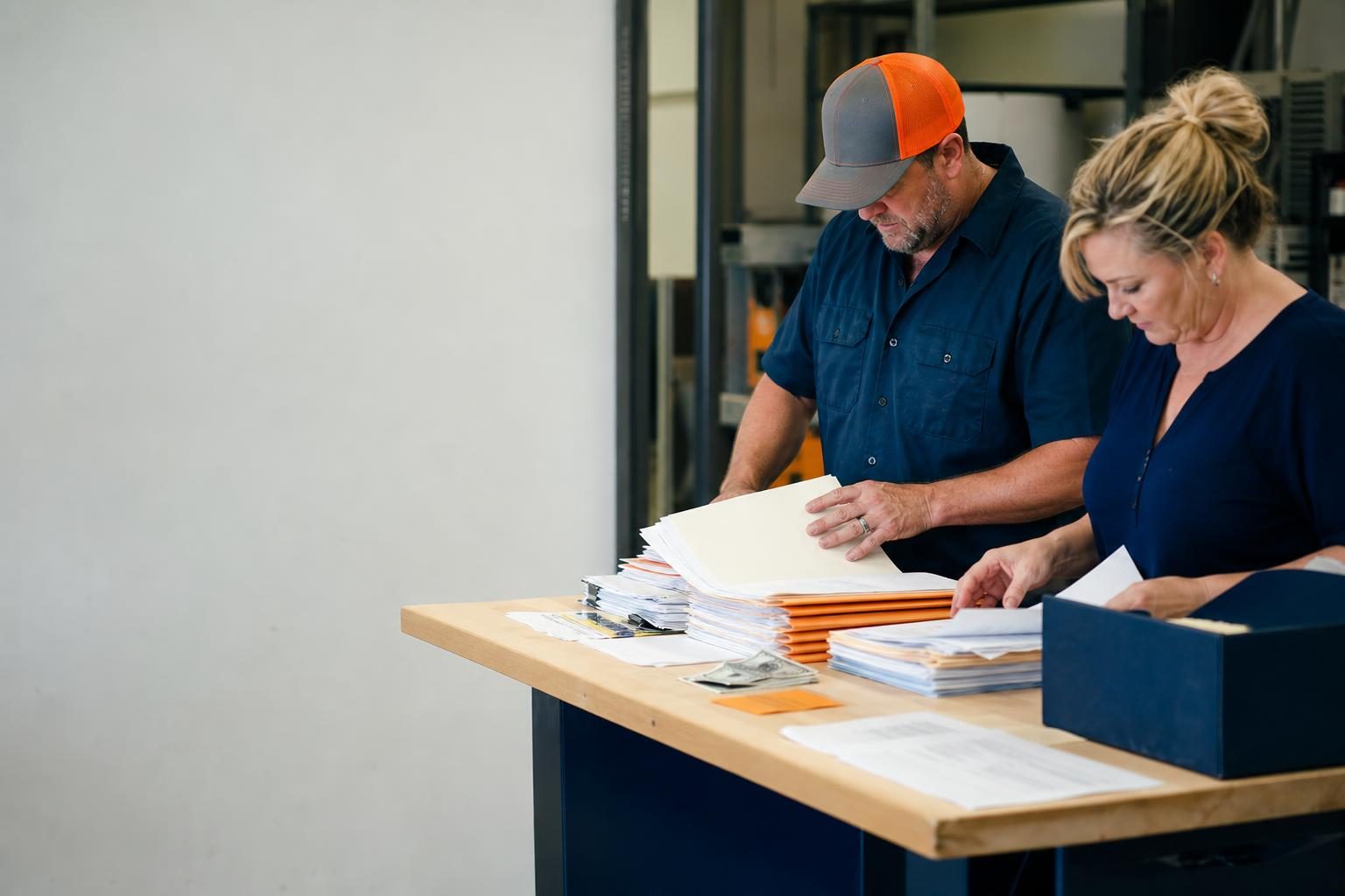 HVAC contractor owner and bookkeeper reviewing job folders, invoices and cash receipts