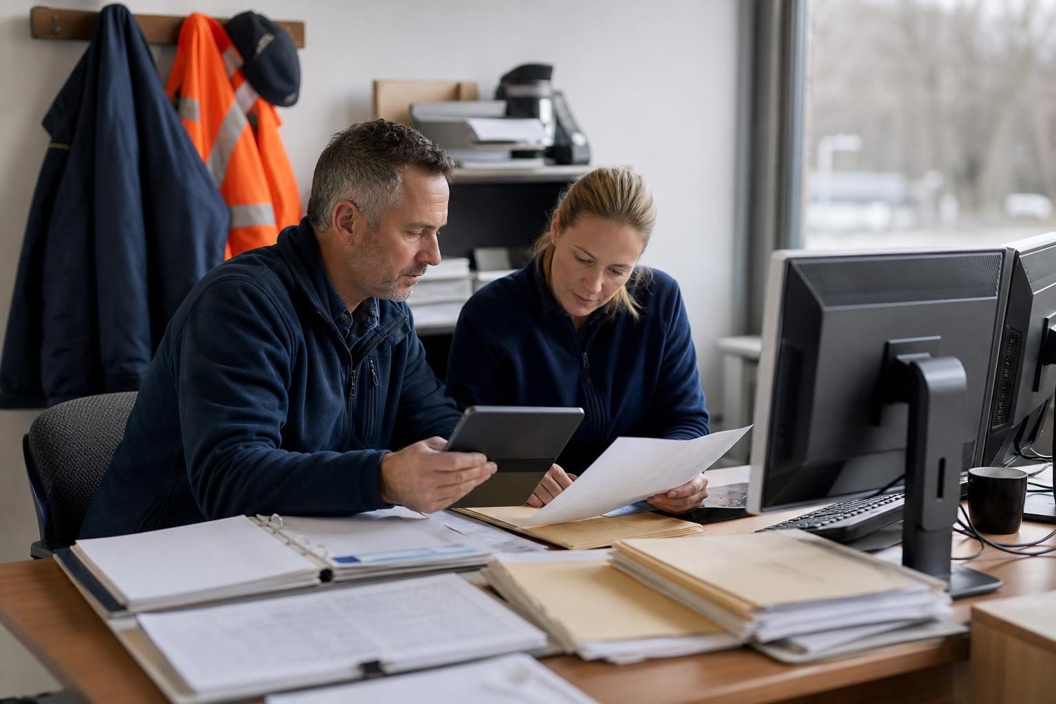 Commercial HVAC office team reconciling job folders, invoices and field-service records